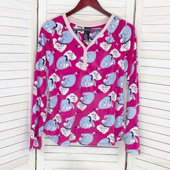 Disney Eeyore Veloure Lounge Sleep Shirt Pink Medium Long Sleeve Pullover - Picture 7 of 11